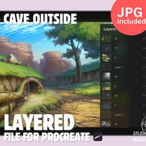 May include: A digital illustration of a cave entrance with a path leading out to a green landscape. The image is layered for use in the Procreate app. The text "CAVE OUTSIDE" and "LAYERED FILE FOR PROCREATE" is displayed on the image.