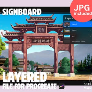 Puede incluir: Archivo de arte digital para Procreate con una ilustración en capas de una puerta asiática tradicional, con los textos "SIGNBOARD" y "LAYERED FILE FOR PROCREATE". La imagen incluye una etiqueta "JPG included".