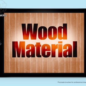 Puede incluir: Una pantalla de tableta que muestra el texto "Wood Material" en letras negras y negritas sobre un fondo de veta de madera. El texto está ligeramente borroso y tiene un brillo rojo a su alrededor.