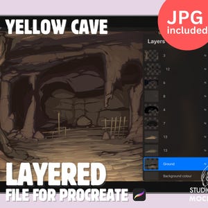 May include: A digital illustration of a yellow cave with layered elements for use in the Procreate app. The image shows a preview of the layers in the Procreate app, including the ground, background color, and other elements. The image also includes the text "YELLOW CAVE" and "LAYERED FILE FOR PROCREATE".