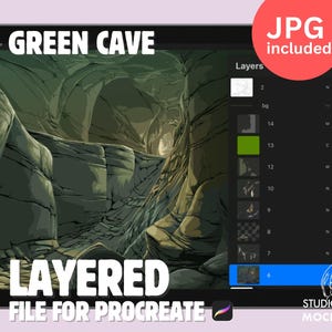 Groene grot: bestand met lagen voortplanten, RPG-landschapsfantasieachtergrond, anime-game JPG, illustratieconcept Dungeon World-building Asset