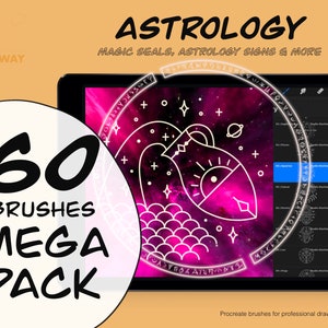 Astrology - 60 Procreate Brushes, Digital Painting, Horoscope Zodiac Tarot Mythical Magic Cosmic Psychic Aquarius Pisces Background Art