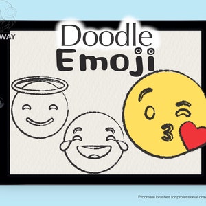 May include: A digital tablet screen displaying the text "Doodle Emoji" with three hand-drawn emoji faces: a yellow face with a halo, a black and white face with tears, and a yellow face blowing a kiss with a red heart.