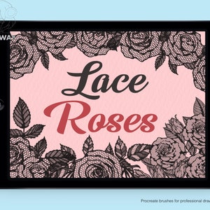 May include: A digital illustration of black lace roses on a pink background. The text "Lace Roses" is written in a stylized font.