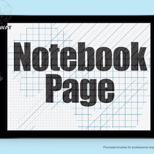 Może przedstawiać: Czarny tablet wyświetla cyfrową stronę notatnika ze słowami "Notebook Page" dużymi, ciemnymi literami. Tło przedstawia wzór siatki z kropkowanymi i przerywanymi liniami. Tablet jest ustawiony na jasnoniebieskim tle.