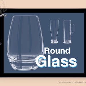 Può includere: Un'illustrazione digitale di tre diverse forme di bicchieri, tra cui un bicchiere rotondo, un bicchiere alto e un bicchiere con manico. Il testo "Round Glass" è visualizzato in lettere blu e bianche su uno sfondo blu scuro.