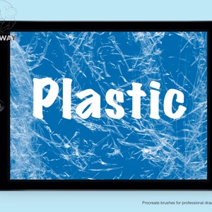 Può includere: Lo schermo di un tablet digitale mostra uno sfondo blu con una texture di pellicola di plastica bianca e la parola "Plastica" in testo bianco.