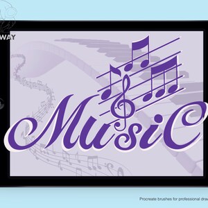 May include: A purple and white illustration of musical notes and a treble clef on a tablet screen. The word "Music" is written in a stylized font with a white outline. The background is a light purple with a winding trail of musical notes.
