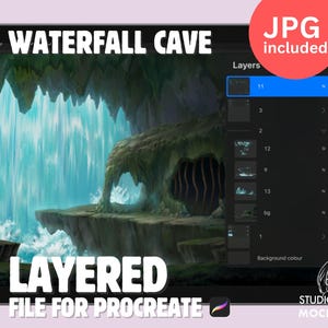 May include: A digital illustration of a waterfall cave scene, layered for use in the Procreate app. The image shows a preview of the layers in the Procreate app, including a background color layer, a cave layer, a waterfall layer, and a foliage layer. The image also includes the text "WATERFALL CAVE" and "LAYERED FILE FOR PROCREATE".