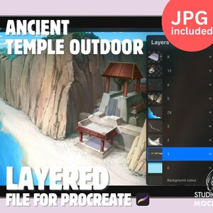 Puede incluir: Archivo Procreate en capas para una ilustración de una escena exterior de un templo antiguo. La escena incluye un edificio de templo con un techo rojo, una cascada y un acantilado. La imagen está etiquetada como "ANCIENT TEMPLE OUTDOOR" y "LAYERED FILE FOR PROCREATE".
