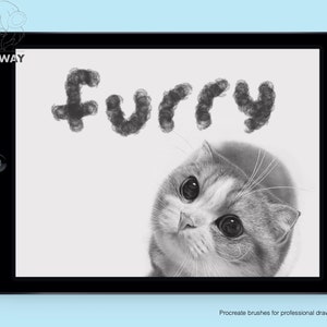 May include: A black and white digital illustration of a cat with the word "Furry" written above it in a stylized font. The word "Furry" is made up of individual letters that are each made of a cloud-like shape.