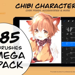 Personagens Chibi - 85 pincéis Procreate, arte digital de mangá anime, design de cartão fofo, poses de Kawaii, orelhas de coelho de gato, óculos de sol