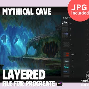 May include: A digital illustration of a mythical cave with layered elements for Procreate. The image shows a dark blue cave with glowing lights and a green mossy ledge. The image is displayed on a tablet screen with a layers panel showing the different elements of the illustration.