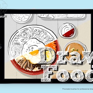 May include: A digital illustration of a bowl of food on a tablet screen. The bowl contains rice, noodles, an egg, and vegetables. The text "Draw Food" is written in a stylized font across the image. The text "Procreate brushes for professional drawing." is at the bottom of the screen.