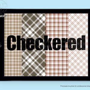 May include: Four different checkered patterns displayed on a tablet screen. The patterns are brown, white, and grey. The word "Checkered" is displayed in large black letters across the patterns.