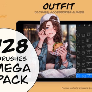 May include: A digital illustration of a woman wearing a blue denim jacket and a white baseball cap. The image is on a tablet screen showing a set of 128 Procreate brushes for drawing clothes, accessories, and more. The text "OUTFIT CLOTHES, ACCESSORIES & MORE" is at the top of the screen. The text "128 BRUSHES MEGA PACK" is in a white circle with a black outline.