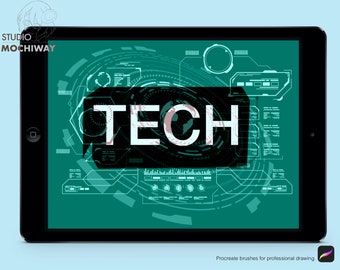 Tech - 29 Procreate Brushes, Texture Effects Technology Elements Data IT Sci-Fi Futuristic Mecha Robot Artificial Intelligence AI Bots Art