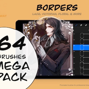 May include: A digital illustration of 64 Procreate brushes for creating borders. The brushes include lace, Victorian, floral, and more. The image shows a preview of the brushes on a digital tablet.