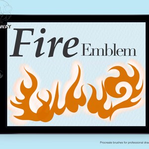 Może przedstawiać: Cyfrowa ilustracja stylizowanego pomarańczowego płomienia z tekstem "Fire Emblem" na niebieskim tle. Obraz jest wyświetlany na ekranie tabletu.