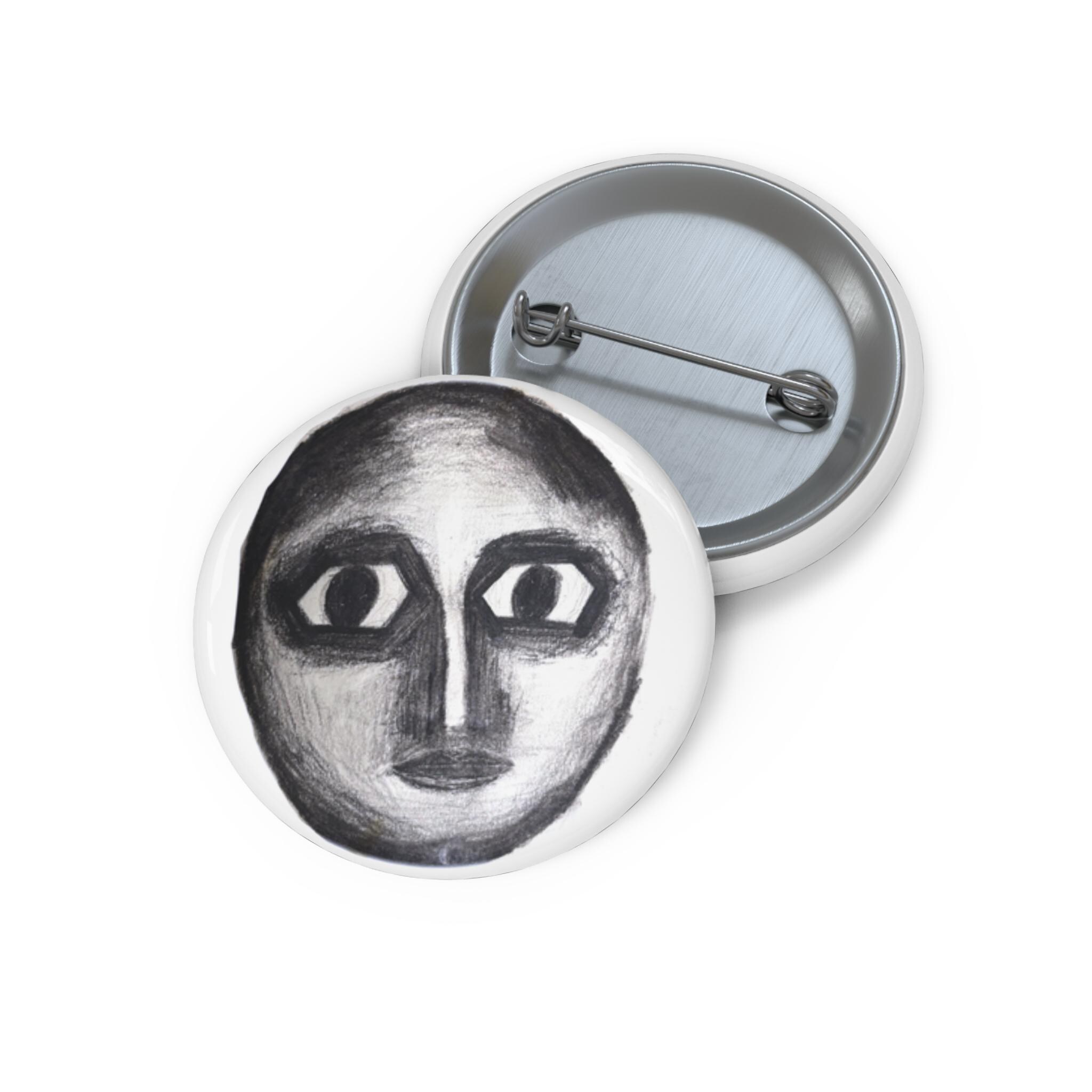 Monochrome Hand-drawn Face Pin Button | Sketch Art Badge - Etsy