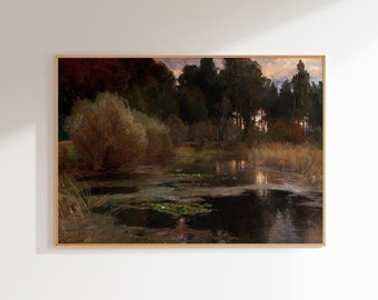 Dipinto di paesaggio rustico del lago, arte murale scura e malinconica d'epoca, arte murale stampabile, acquerello Dark Academia, download digitale di Moody Decor