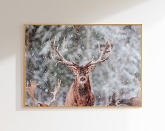 Stag in Snowy Landscape Print, Christmas Wall Decor, Reindeer Print, Winter Wall Art, Nordic Poster, Scandinavian Wall Art, Digital Print
