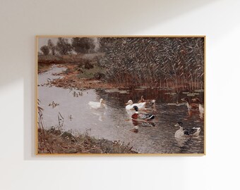 Vintage Duck Pond Painting, Village Life Print, Modern Farmhouse Print, Country Decor, Antique Bird Art, Digital PRINTABLE wall art
