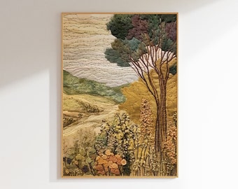 Tapestry Summer Landscape Wall Art, Warm Tones Scenery Printable Art, Farmhouse Decor, Tree and Fields Embroidery Style Print, Spring Decor