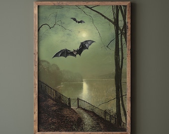 Vampire Bat Vintage Dark Academia Painting, Halloween Decor, Victorian Vampire Moody Art, Bat Gothic Painting, Bat Gift, Witchy Decor