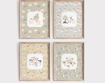 Cottagecore Nursery Set Of 4 Animal Prints, Cute Nursery Decor Farm Wall Art for Nursery New Baby Gift Farm Animals Neutral Farmhouse Decor