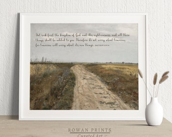 Seek God Vintage Scripture Wall Art,  Bible Verse Print, Christian Gift, Antique Art Printable, Vintage Landscape Painting, Matthew 6 33
