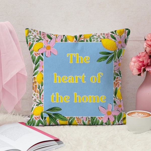 Heart of the Home Bright Cushion, Lemon and Flowers Pillow, Bright Home Decor, Colourful Kitchen, Blue and Pink Pillow, Retro Lover Gift