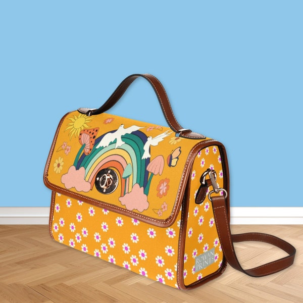 Bright Retro Boho Hippie Rainbow Satchel Handbag, Vegan Leather Shoulder Strap Bag, Yellow Feel Free Daisy Purse, Cottagecore Original Bag