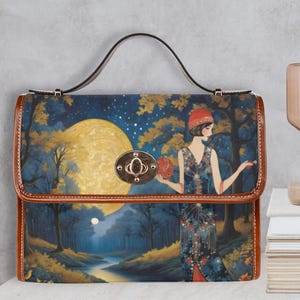 Femme lune Art déco cartable sac à main Art Nouveau sac à main bleu or poignée supérieure sac toile 1920 rétro sac vintage amoureux cadeau sac à main original
