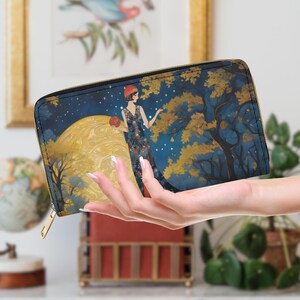 Cartera Art Déco con diseño de luna para mujer, estilo Art Nouveau, con cremallera azul y dorada, regalo vintage de 1920, original, multicompartimento.