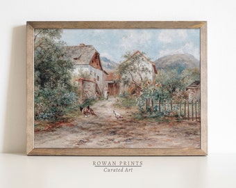 Rustic Country Farm Landscape  | Chicken Vintage Painting | Hens Print | Farmhouse Decor | Antique Country Print | Digital PRINTABLE