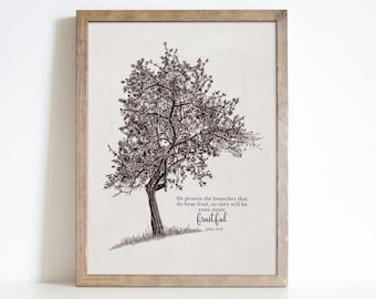 More Fruitful Scripture Wall Art | Farmhouse Bible Verse Print | Christian Gift | Vintage Tree Sketch | John 15 2