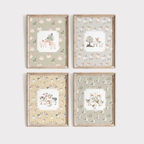 Cottagecore Nursery Set Of 4 Animal Prints, Cute Nursery Decor Farm Wall Art for Nursery New Baby Gift Farm Animals Neutral Farmhouse Decor