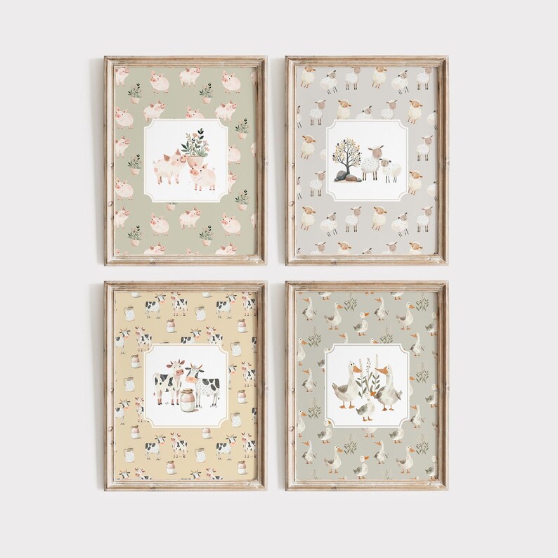 Cottagecore Nursery Set Of 4 Animal Prints, Cute Nursery Decor Farm Wall Art for Nursery New Baby Gift Farm Animals Neutral Farmhouse Decor
