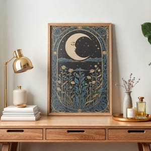 Blue Moon Art Deco Print Blue Art Nouveau Printable Art Bohemian Home Decor Mid Century Moon Wall Art Lunar Moon Celestial Vintage Art Print
