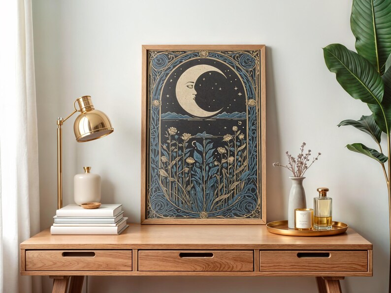 Blue Moon Art Deco Print Blue Art Nouveau Printable Art Bohemian Home Decor Mid Century Moon Wall Art Lunar Moon Celestial Vintage Art Print