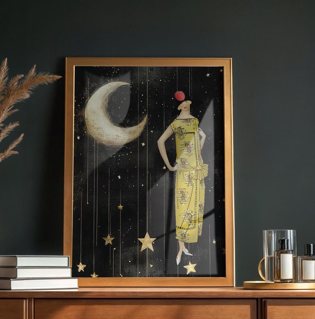 Art Deco Woman Vintage Print Art Nouveau Moon Lady Black and Gold Wall ...