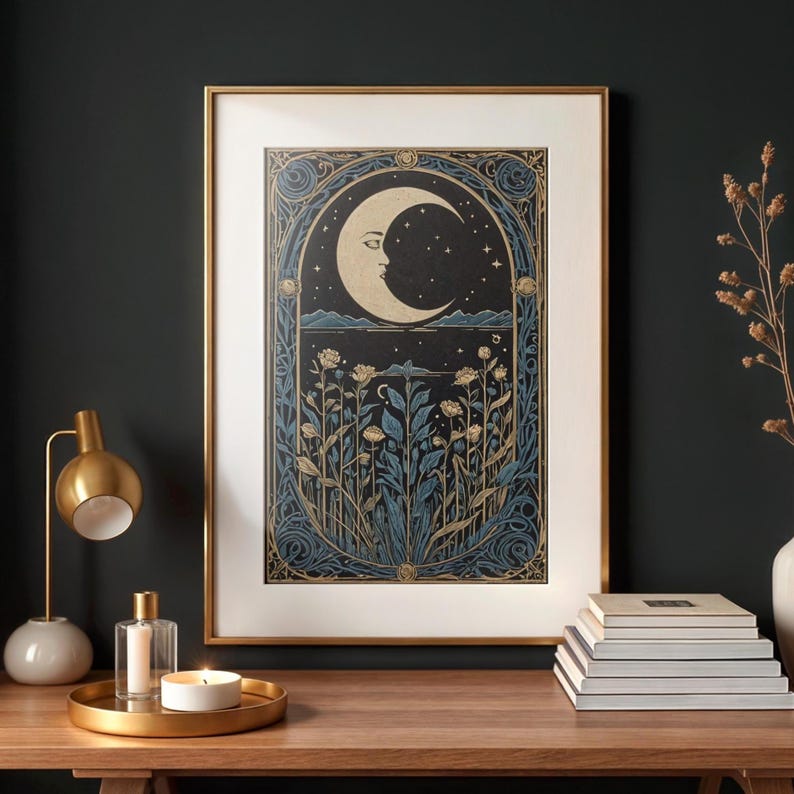 Blue Moon Art Deco Print Blue Art Nouveau Printable Art Bohemian Home Decor Mid Century Moon Wall Art Lunar Moon Celestial Vintage Art Print