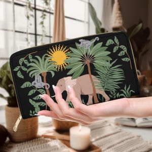 Monedero de elefante Tropical Dreams, monedero de jungla, monedero con cremallera, regalo vintage para enamorados, monedero original para mujer, monedero negro dorado con múltiples compartimentos.