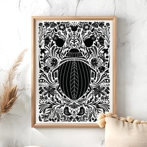 Black Beetle Folk Art Print Cute Insect Wall Poster Monochrome Home Decor Art Deco Style Print Cottagecore Home Decor Folk Art Poster