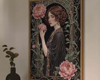 Art Nouveau Woman with Peonies Print: Vintage Bohemian Decor (Digital Download)