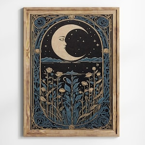 Blue Moon Art Deco Print Blue Art Nouveau Printable Art Bohemian Home Decor Mid Century Moon Wall Art Lunar Moon Celestial Vintage Art Print
