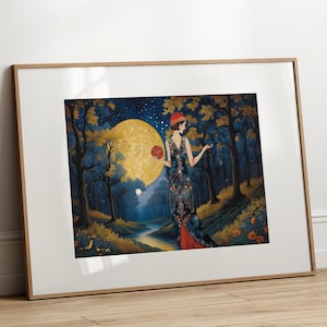 Goddess Art Deco Moon Print Art Nouveau Lady Flapper Vintage Wall Poster Art Deco Landscape Print 1920 Home Decor Retro Moon Woman Wall Art