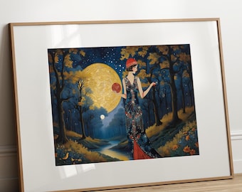 Art Deco Moon Goddess Print: Vintage Flapper Landscape Poster