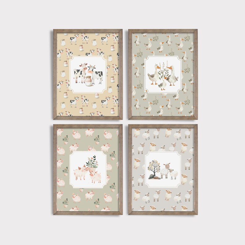 Cottagecore Nursery Set Of 4 Animal Prints, Cute Nursery Decor Farm Wall Art for Nursery New Baby Gift Farm Animals Neutral Farmhouse Decor